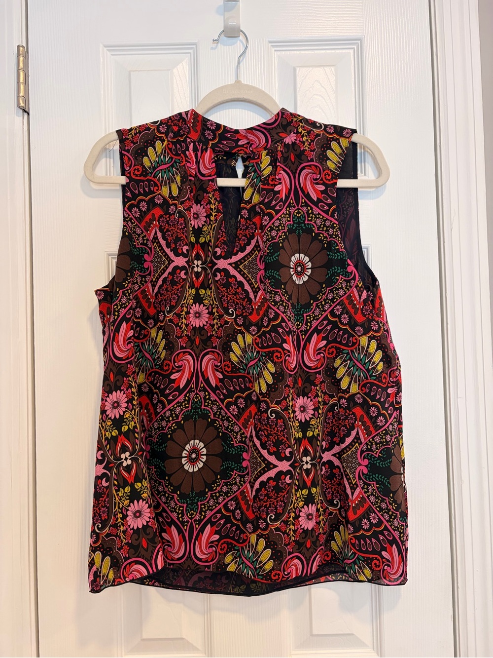 Trina Turk Silk Floral Paisley Sleeveless Getaway Blouse Pink Brown Large